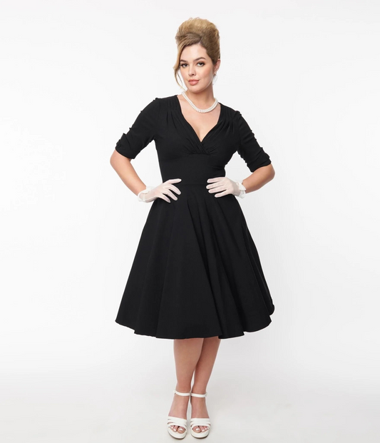 Unique Vintage Black Delores Swing Dress with Sleeves | CLEARANCE