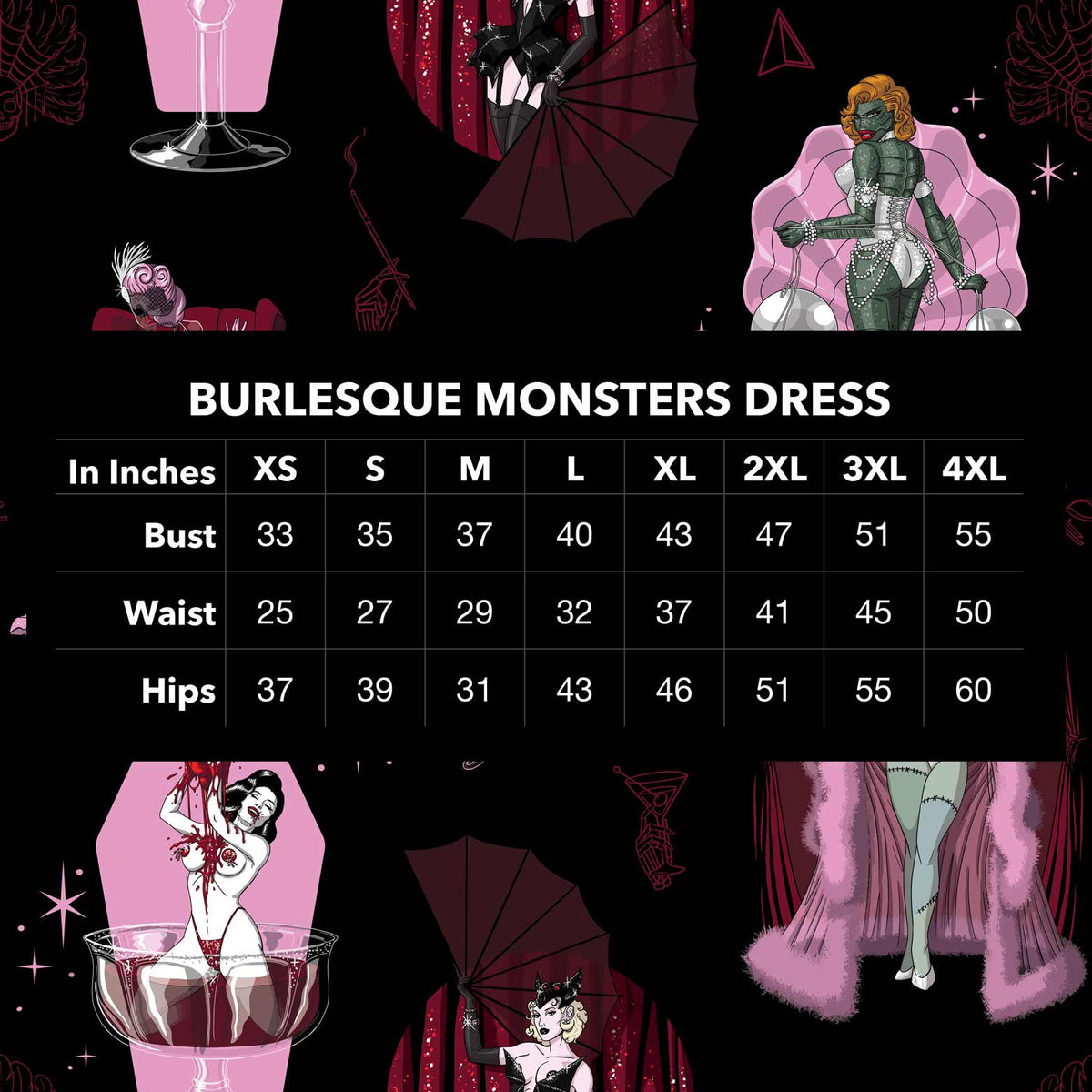 A size chart for a 'Burlesque Monsters Dress' featuring a size table from XS to 4XL with measurements for bust, waist, and hips, set against a black background decorated with pink and red gothic illustrations.