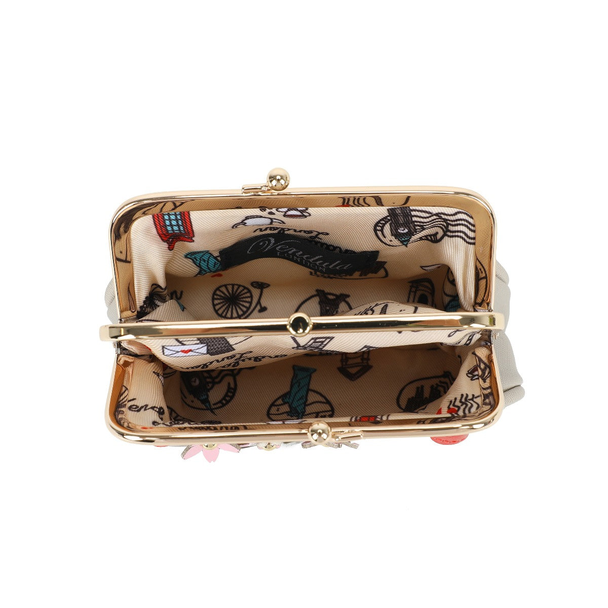 Open beige clutch bag with black and white pattern on a white background