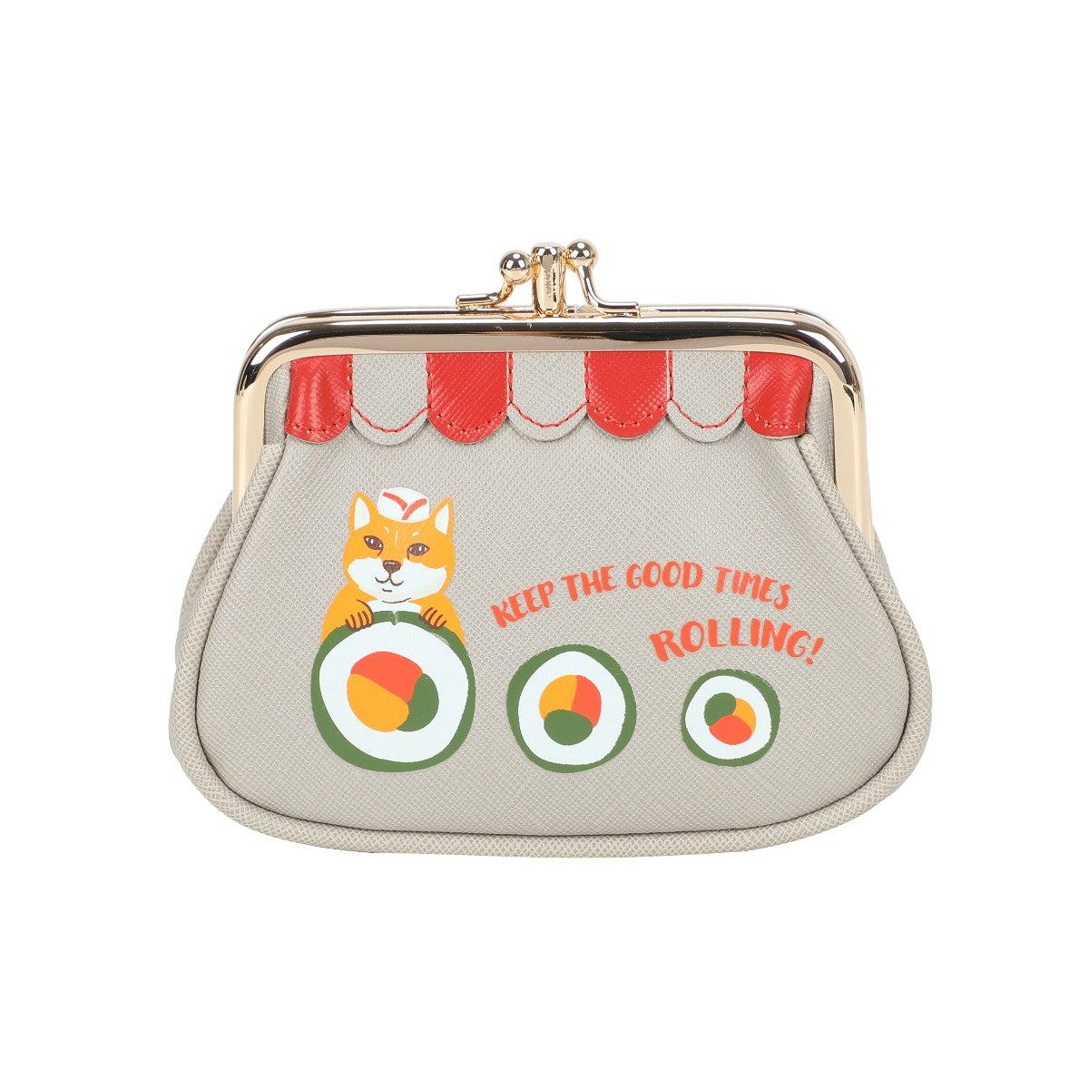 Clutch bag with fox design and sushi rolls on a beige background