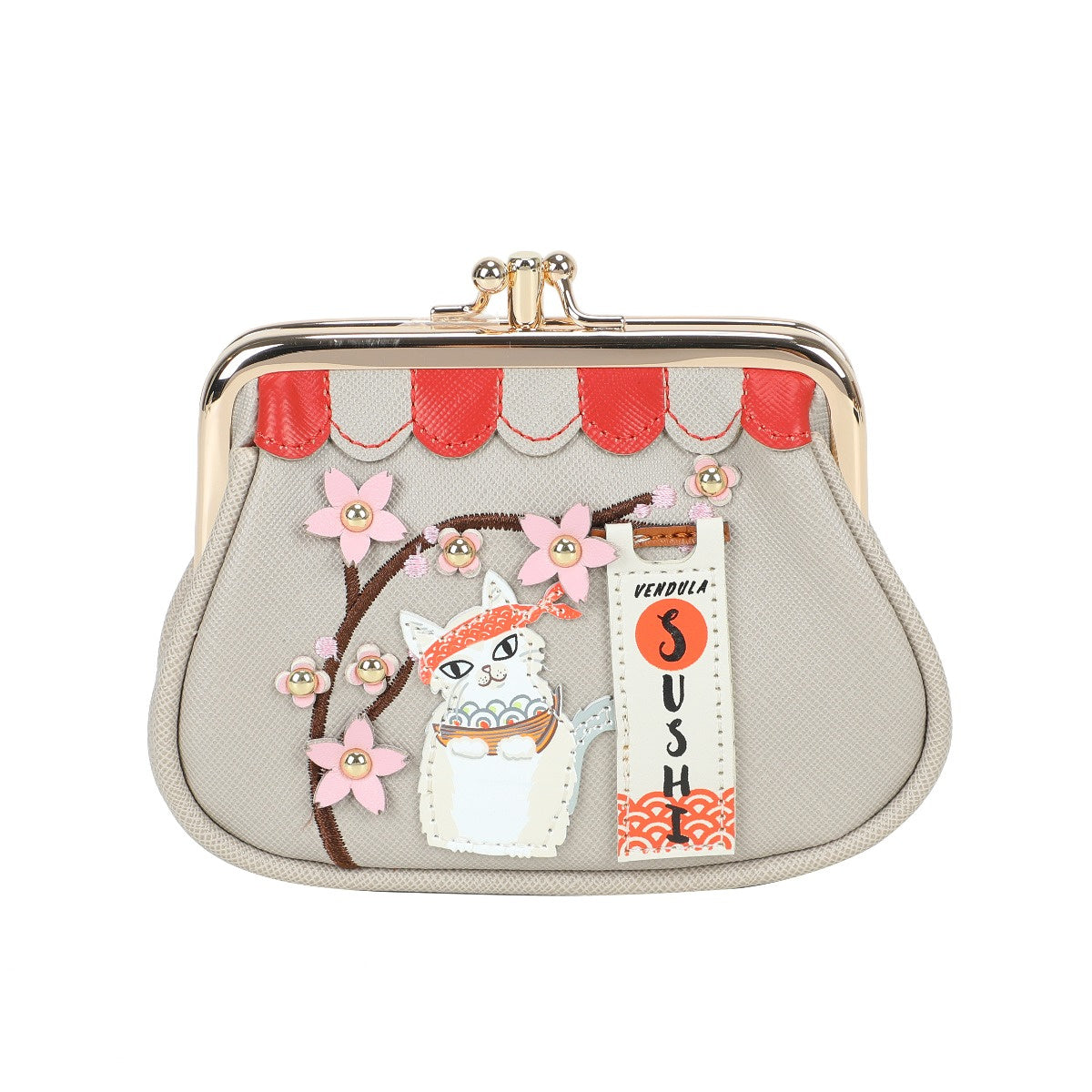 Small pouch with cat design and sushi theme on a white background