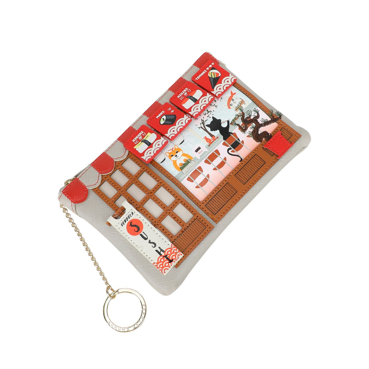 Small pouch with cat-themed design and chain on a white background