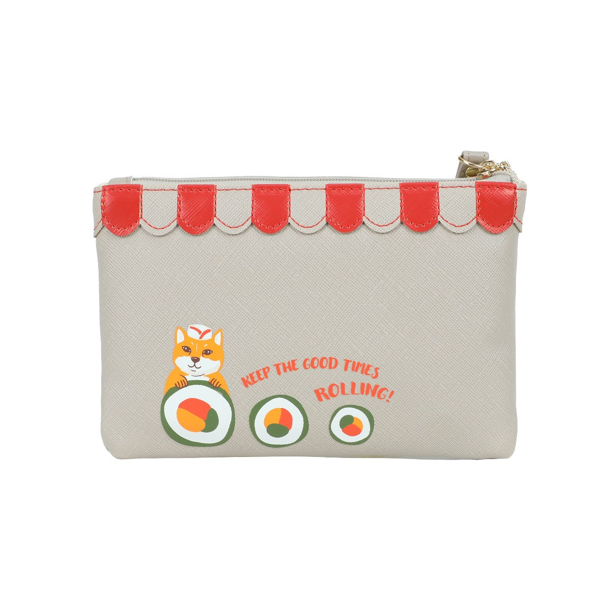 Pouch with fox and sushi design on a beige background