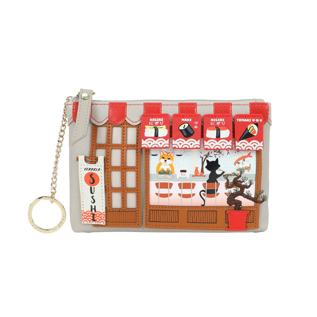 Pouch with sushi-themed design and keychain on a white background