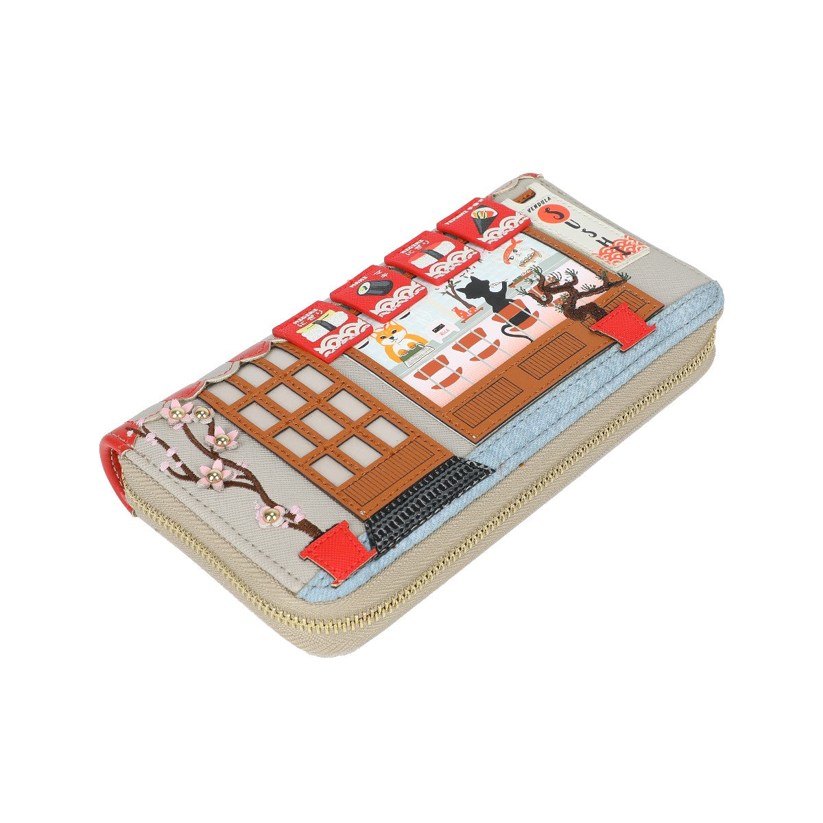 Zipper pouch with Japanese-themed design on a white background