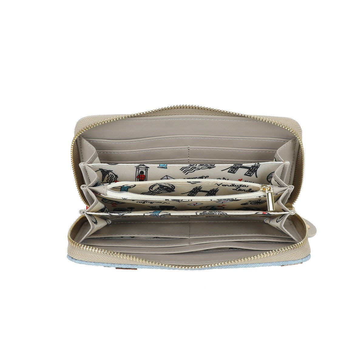 Open beige wallet with patterned interior on a white background