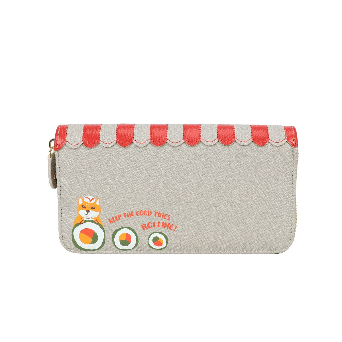 Wallet with fox and sushi design on a white background