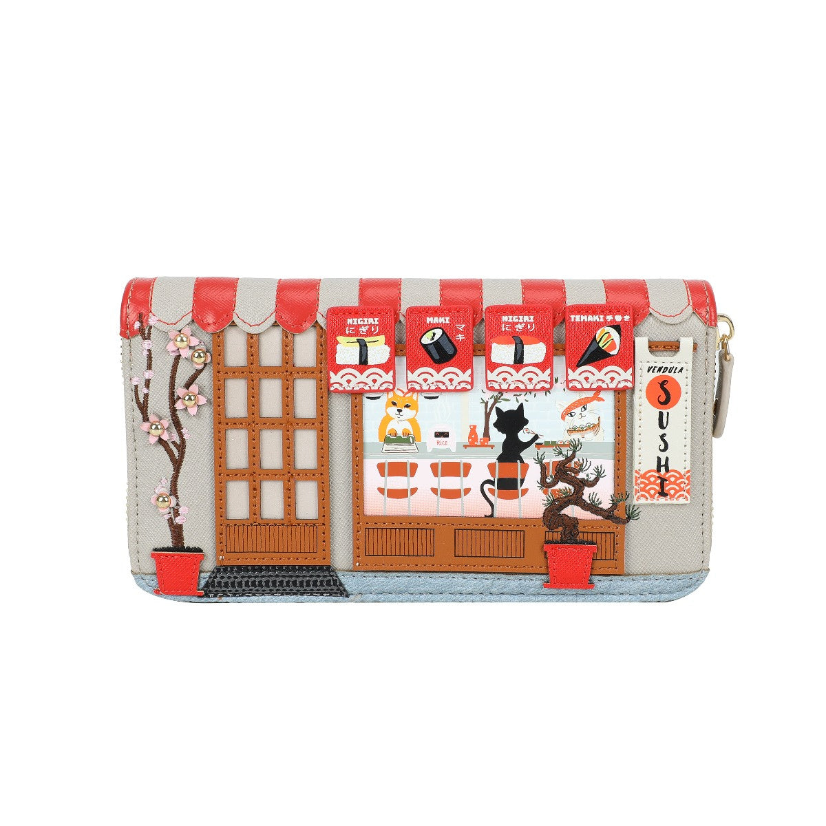 wallet with a design of a sushi restaurant and cat, on a white background