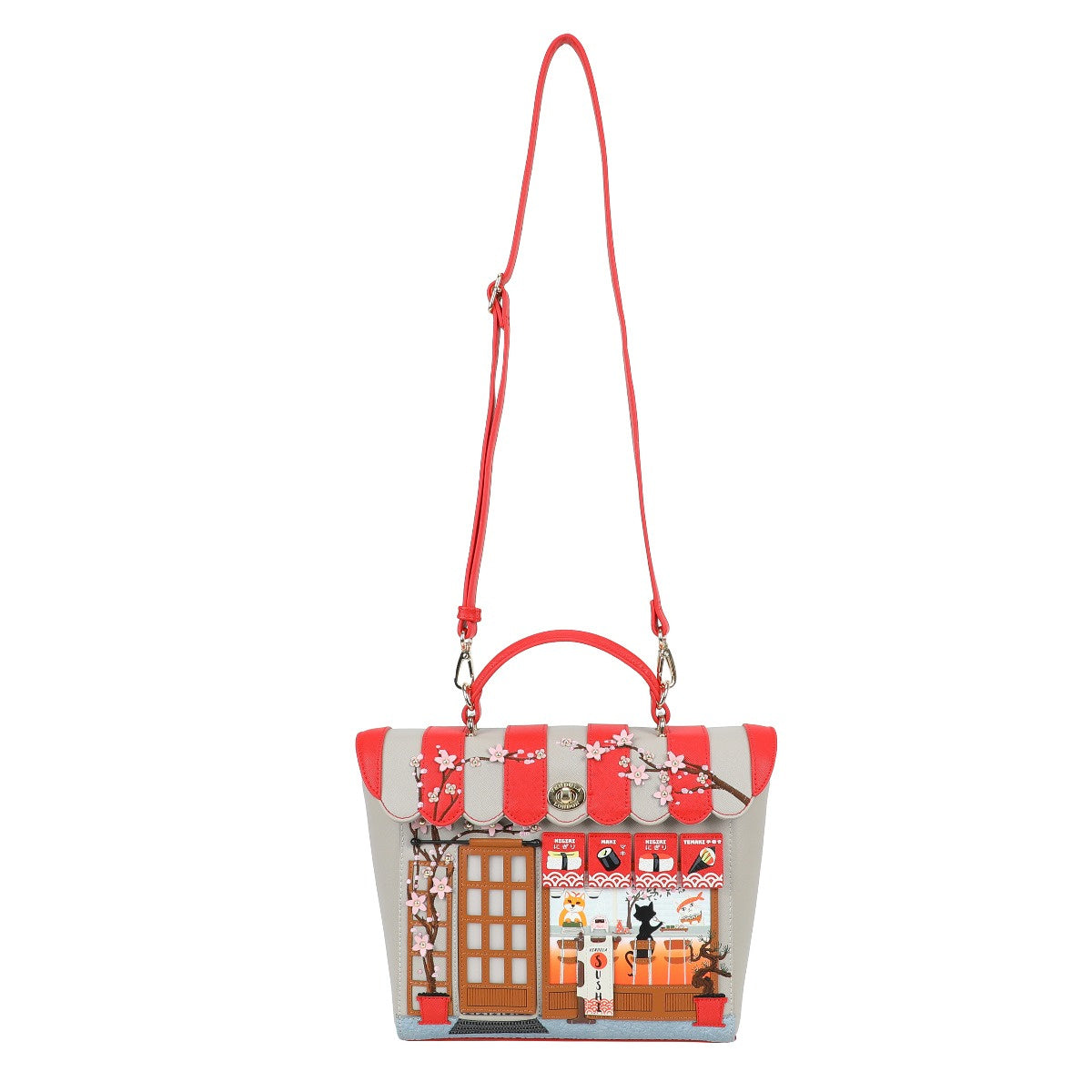 Handbag with a design of a building and red accents on a white background