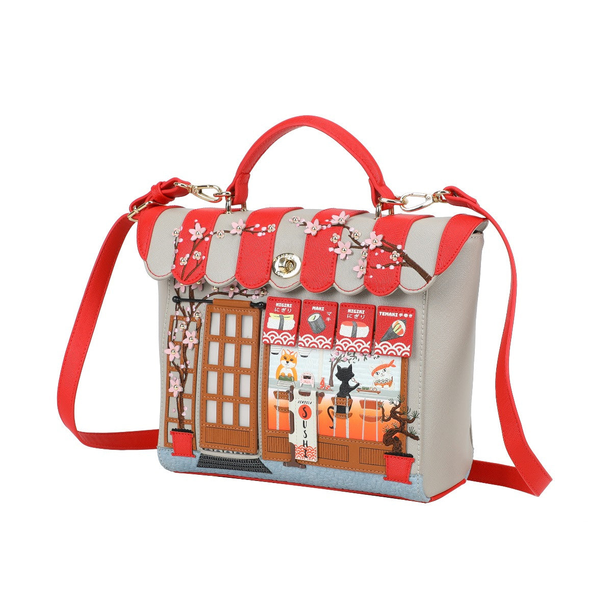 Handbag with a store front design and red accents on a white background