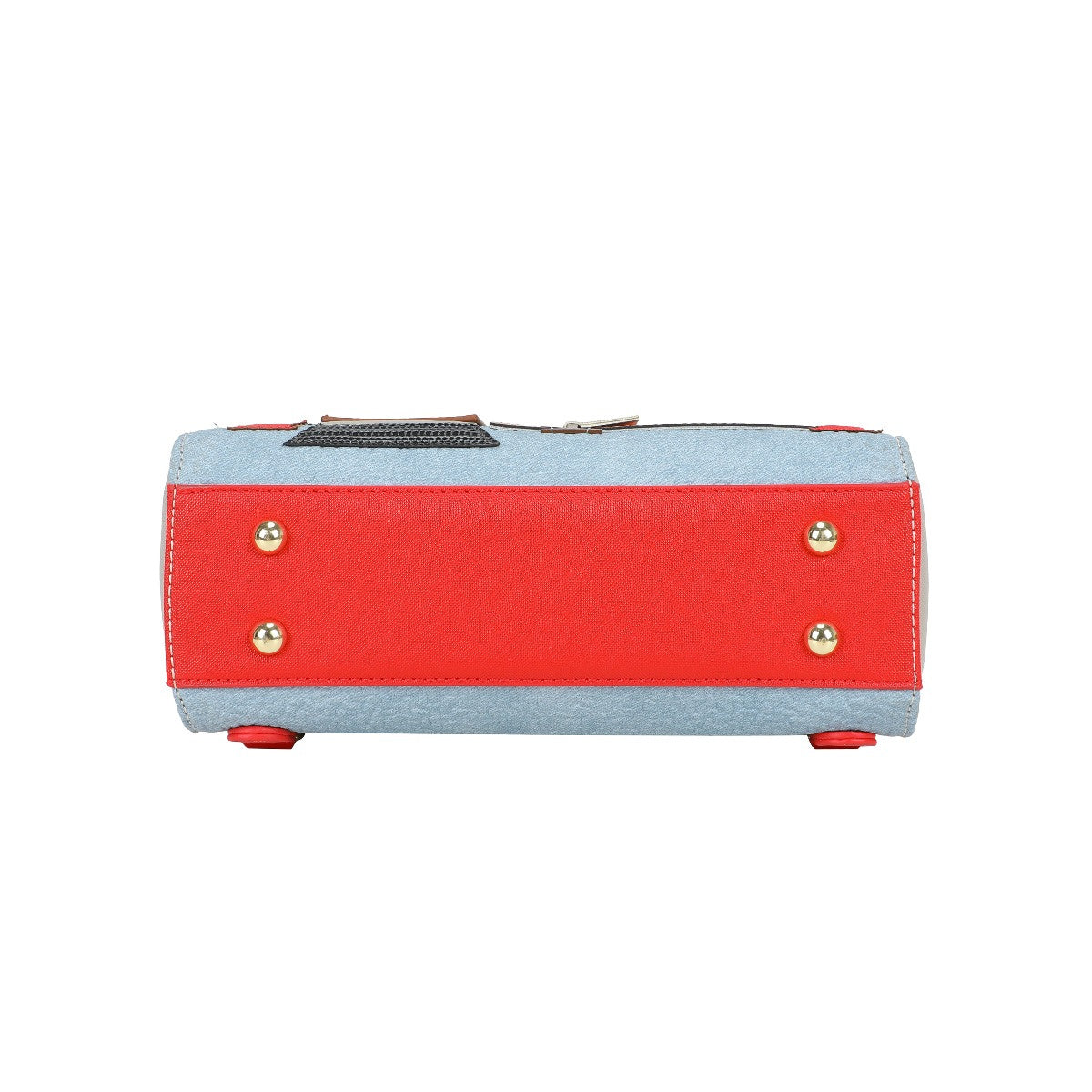 Two-tone red and blue pouch with gold studs on a white background