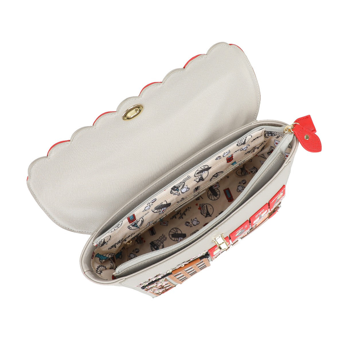 White cloud-shaped pouch with red accents and a patterned interior on a white background