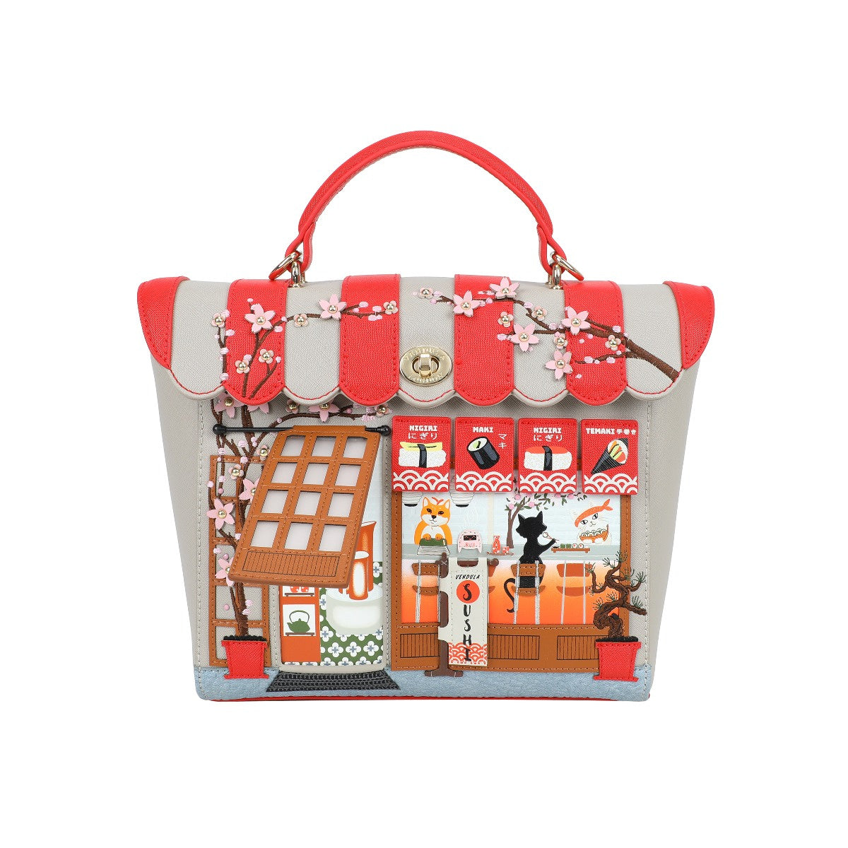 Handbag with a design of a Japanese restaurant facade and cherry blossoms on a white background