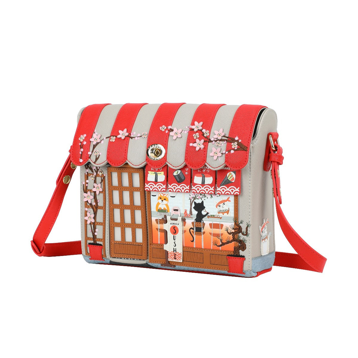 Handbag with a design of a traditional Japanese shop front on a white background