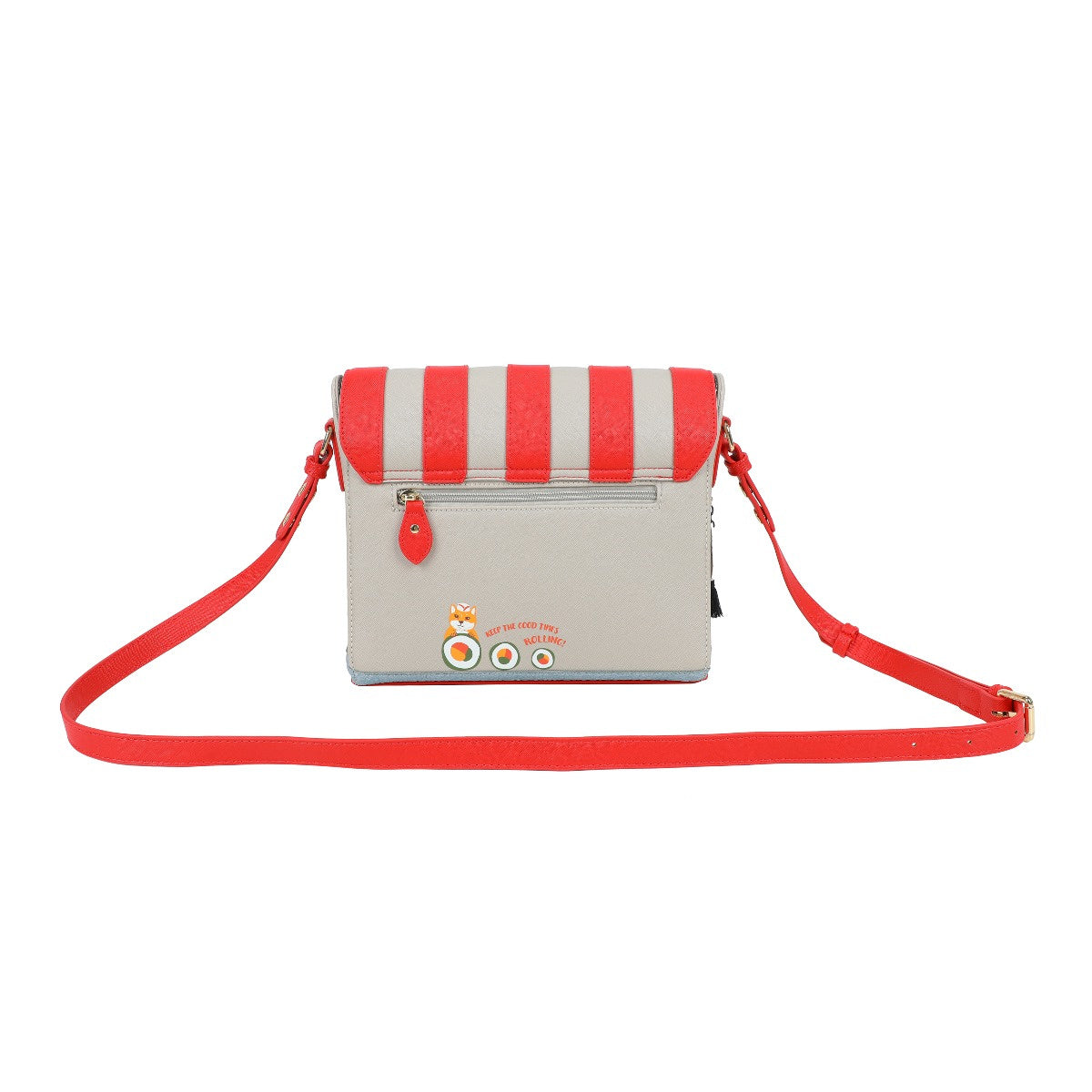 Striped red and beige crossbody bag on a white background