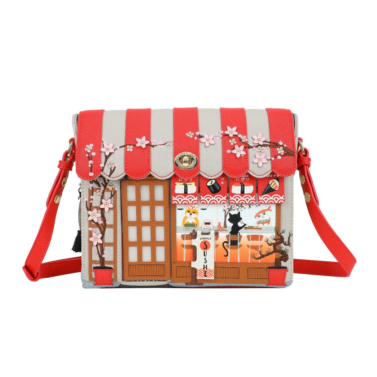 Handbag with cherry blossom design and red and white striped roof on a white background