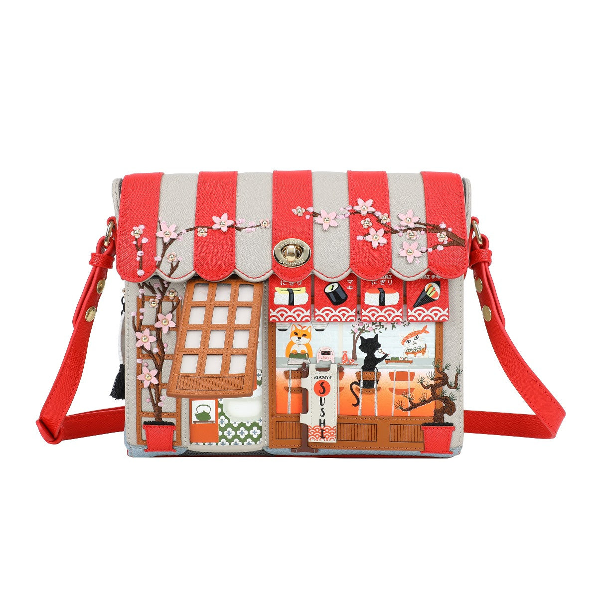 Satchel bag with a design of a sushi restaurant and cherry blossoms on a white background