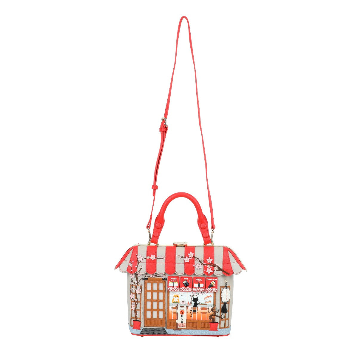 Handbag with a design of a store front on a white background