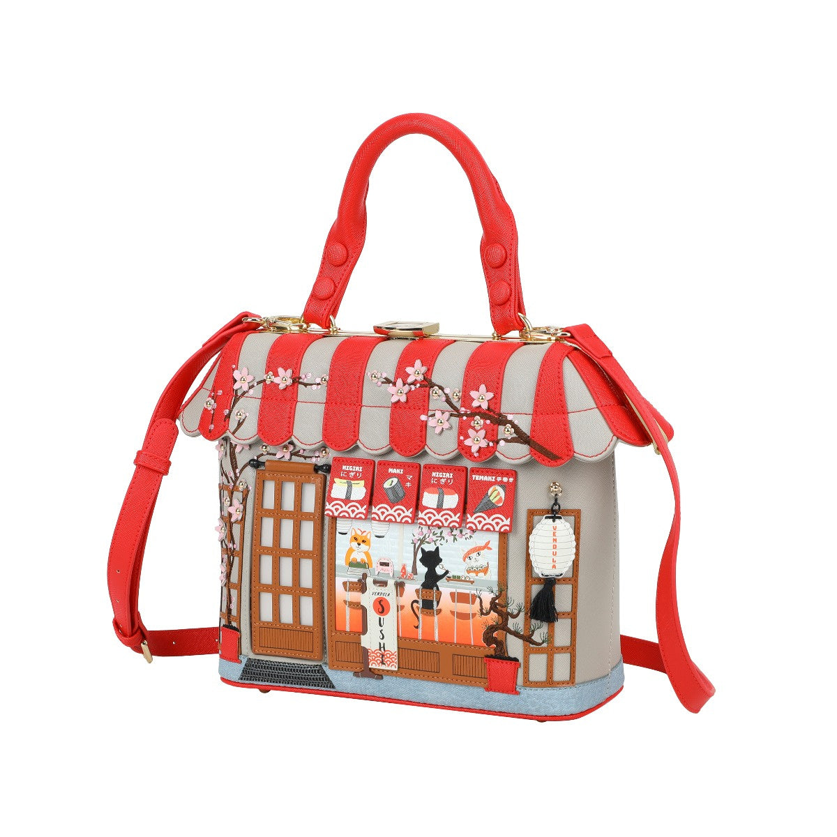 Handbag designed like a small building with red and white striped roof on a white background