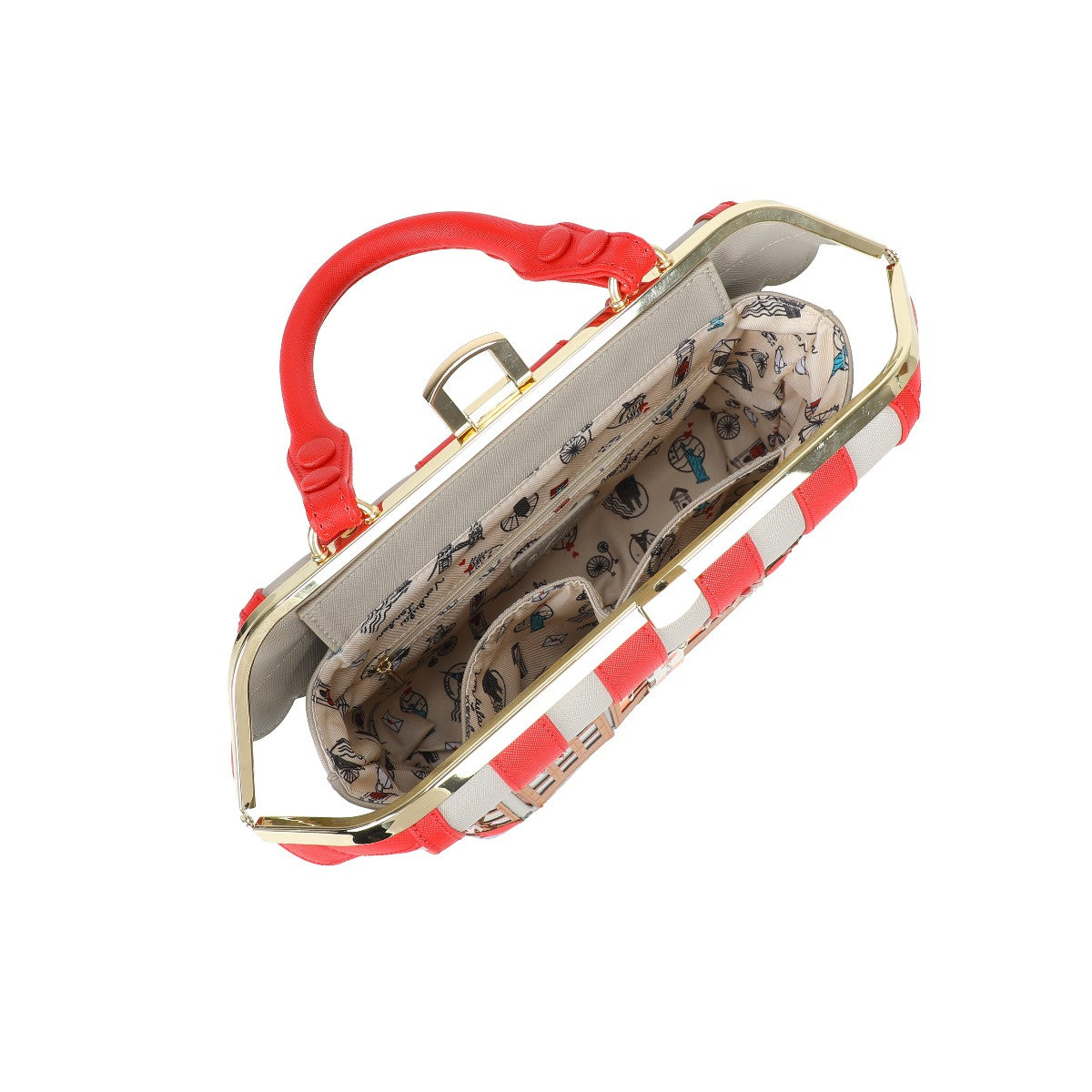 Handbag with red handle and gold accents on a white background