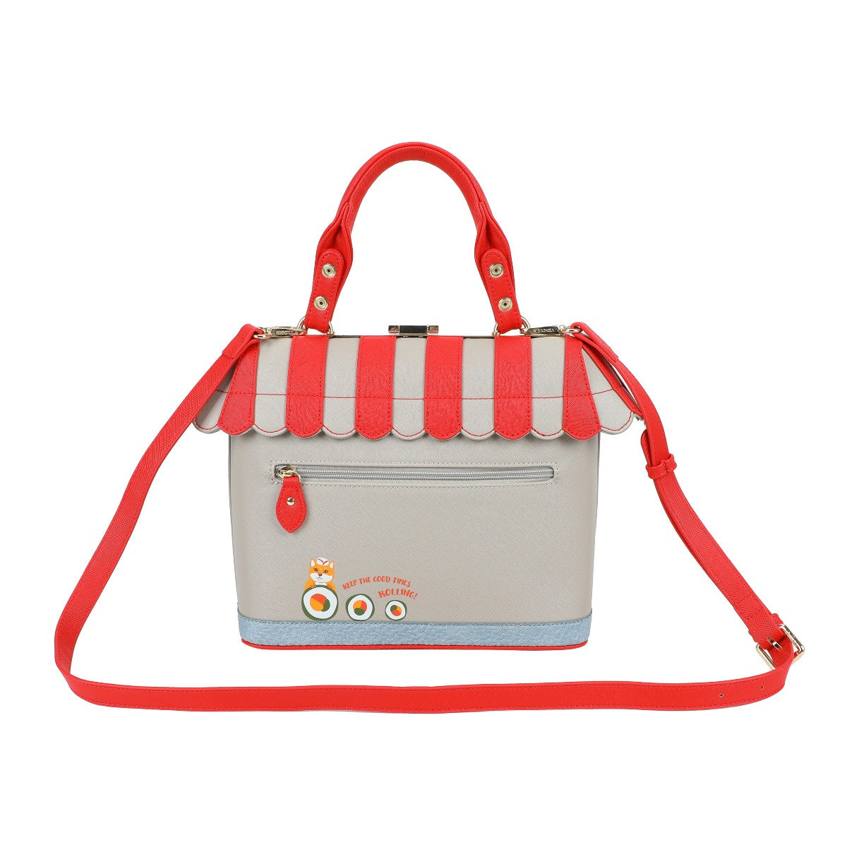 Handbag with red and white striped canopy design on a white background