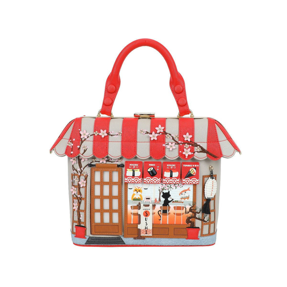 Handbag designed like a small store with cherry blossoms and cats, on a white background