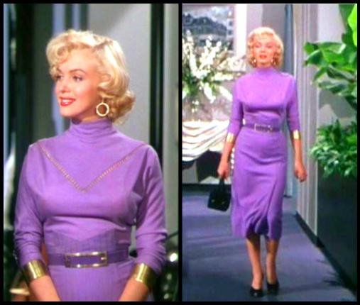 A split-screen image showing a woman wearing a purple mock-neck long-sleeve midi dress with gold cuffs and belt details. The left panel is a close-up portrait, and the right panel shows her walking in a hallway wearing the full dress.