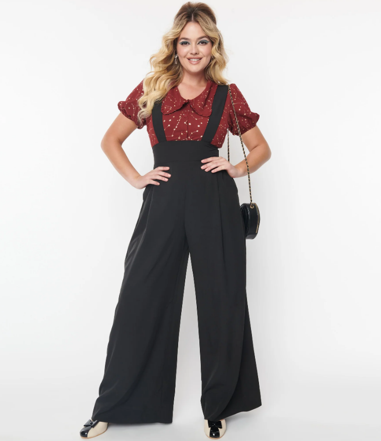 Unique-Vintage Black Wide Leg Rochelle Suspender Pants Only