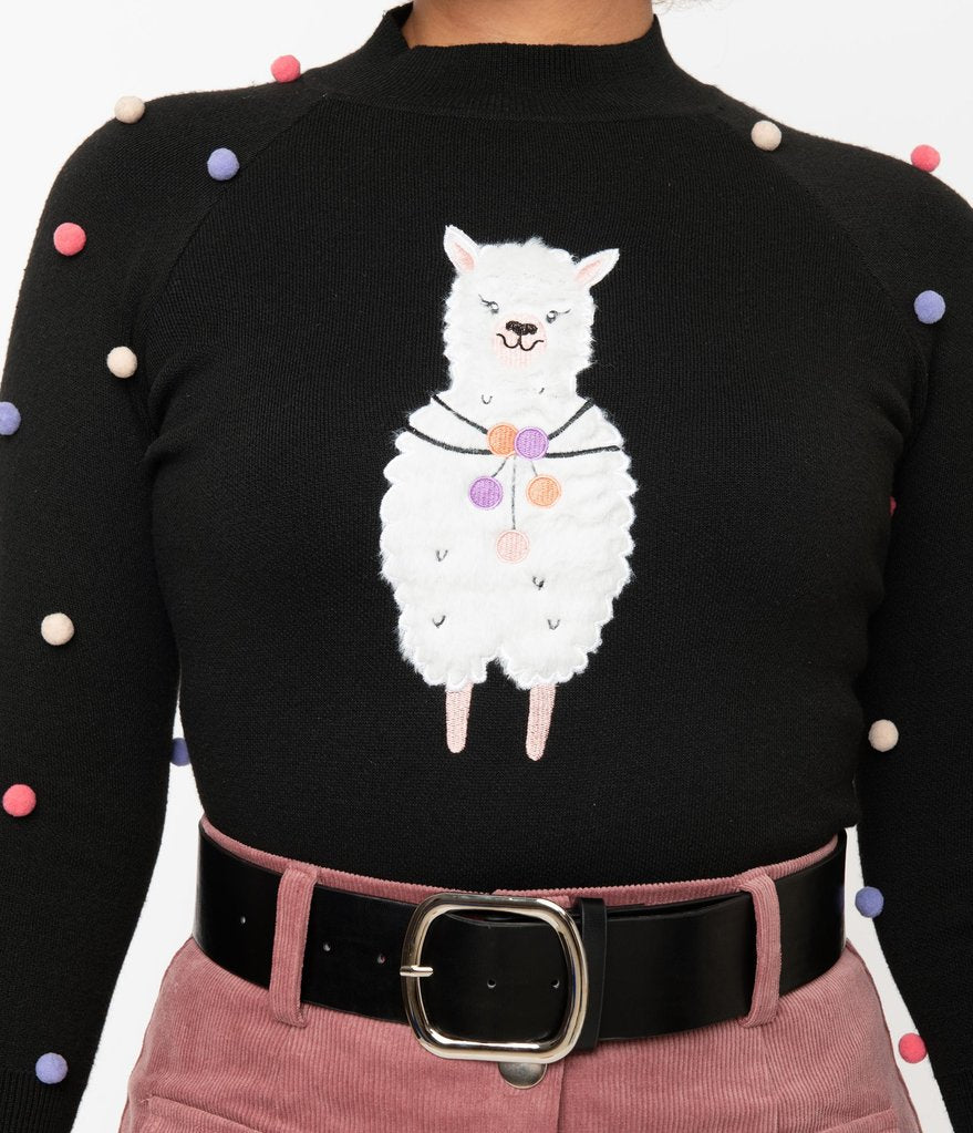 Unique-Vintage Black Alpaca Pom Poms Autumn Sweater