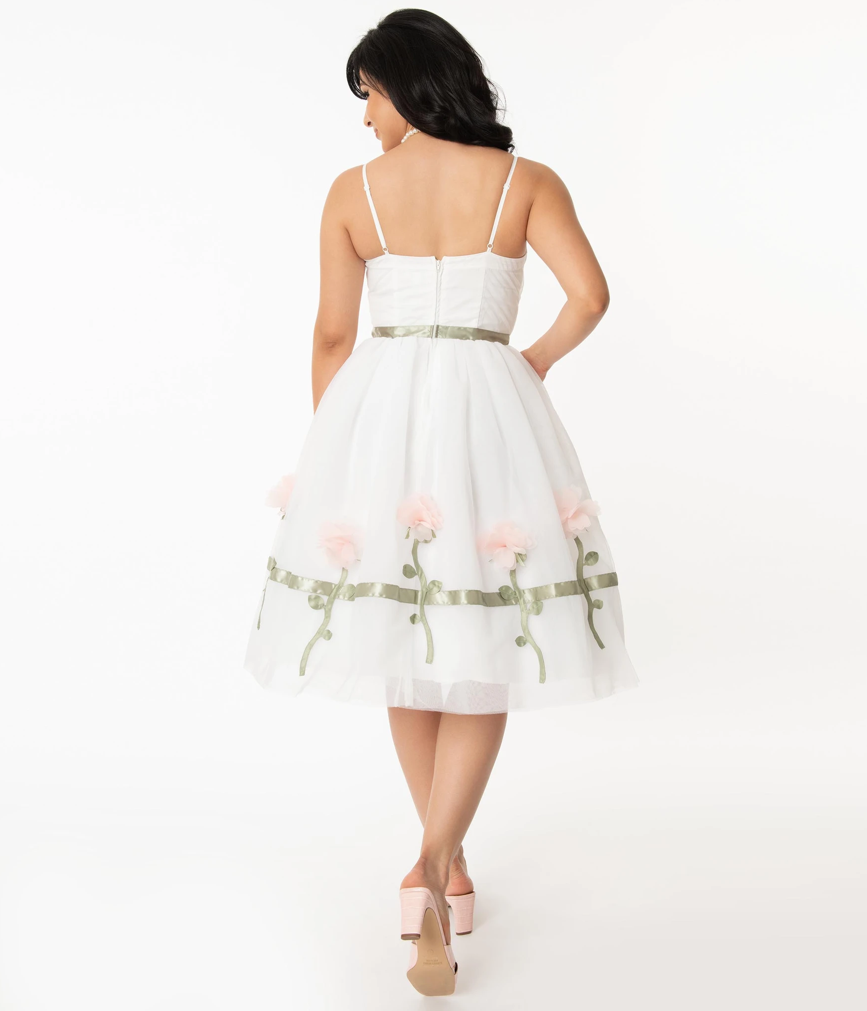 Unique-Vintage 1950s White & Pink Floral Bertie Swing Dress