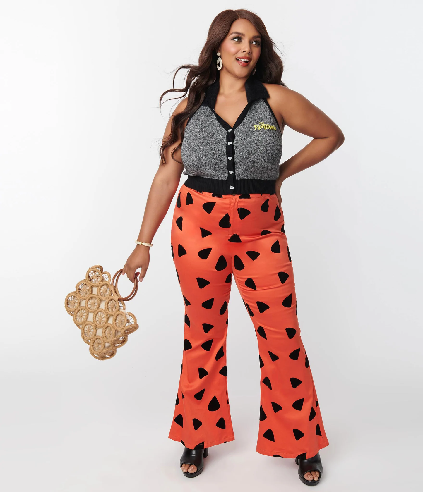 Smak Parlour Flintstones Orange Black Leopard Spots Print Flare Pants unique vintage lana rose