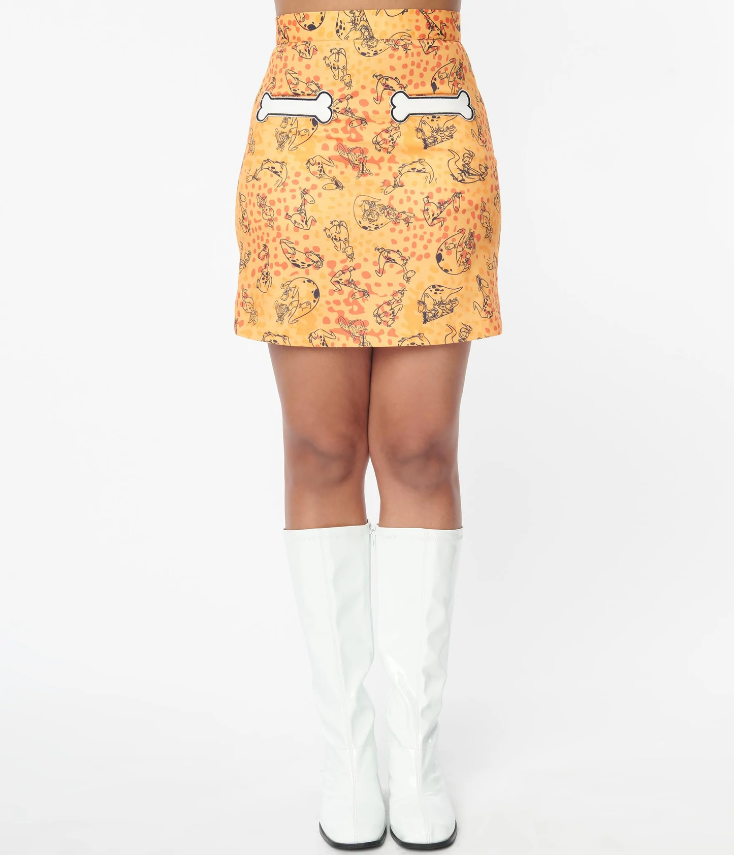 Smak Parlour Flintstones Mustard & Orange Dino Print Mod Skirt unique vintage lana rose fashion