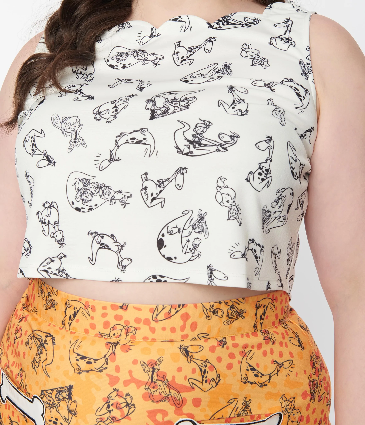 Smak Parlour Flintstones White Flocked Dino Print Sleeveless Cropped Scallop Top unique vintage lana rose