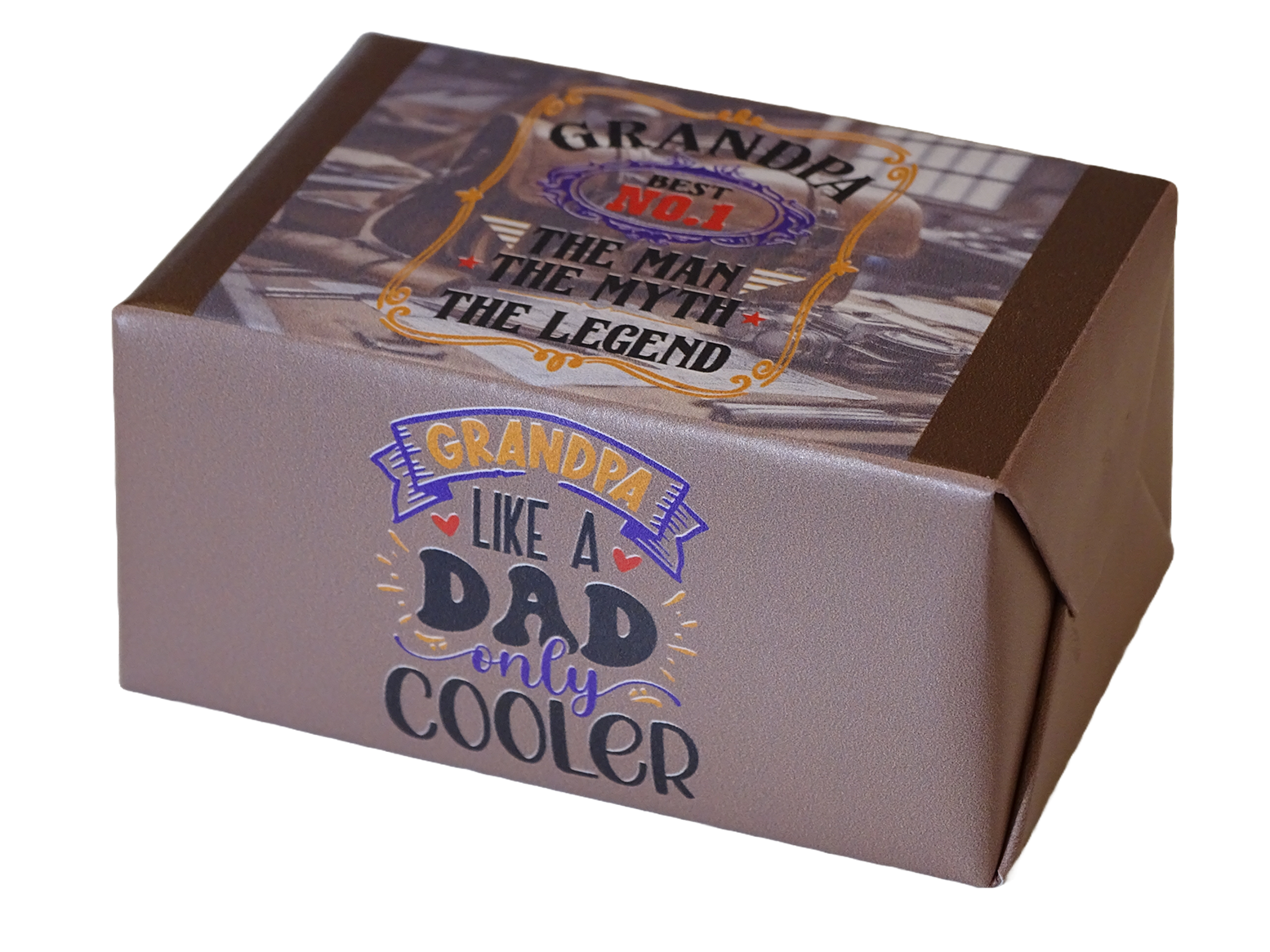 A square gift box with a metallic taupe-gray exterior and a printed top label. The front reads 'GRANDPA LIKE A DAD only COOLER' in stylized blue, purple, and yellow lettering.