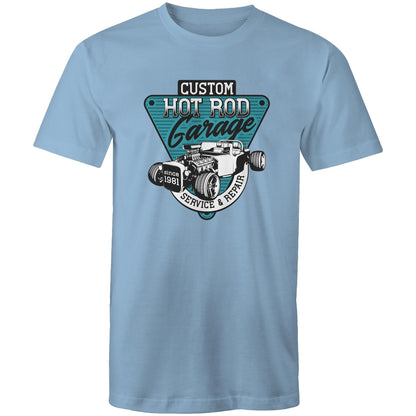 A blue men's t-shirt with a graphic print of a hot rod garage and text elements.
