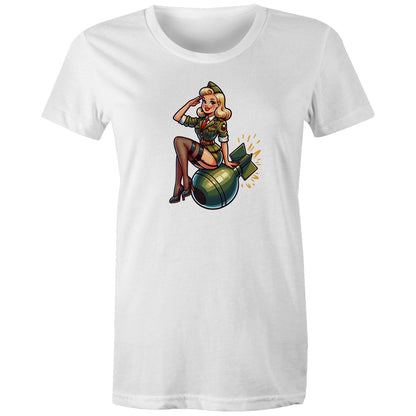 Women's green t-shirt with a vintage style pinup illustration of a female character sitting next to a bomb, on a maple green background.