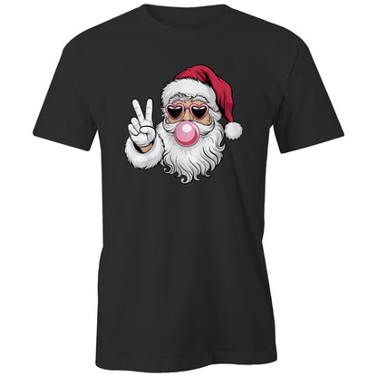 A black crew neck t-shirt with a printed graphic of Santa Claus making a peace sign, wearing sunglasses, and having a pink bubble gum.