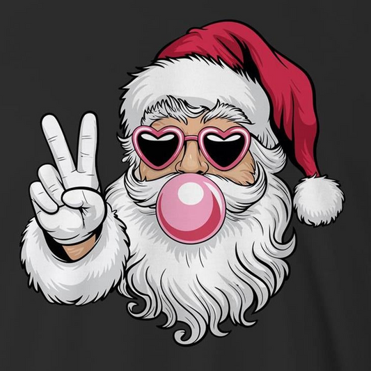 A graphic illustration of a Santa Claus character with a white beard, red Santa hat, pink heart-shaped sunglasses, and a large pink bubblegum bubble, making a peace sign against a dark gray background.