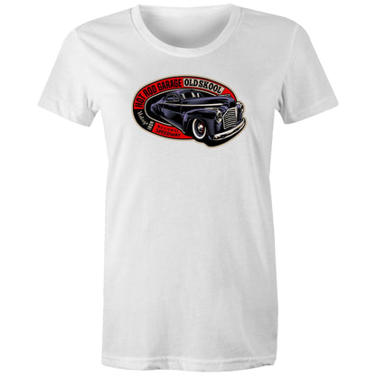 A close-up of a t-shirt featuring a vintage-style graphic print of a black classic car with red, white, and black text reading 'HOT ROD GARAGE OLD SKool' and 'Vintage Iron National Speedway'.