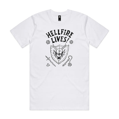 t-shirt featuring a black graphic print with the text 'HELLFIRE LIVES!' above a horned skull, dice, sword, and mace design.
