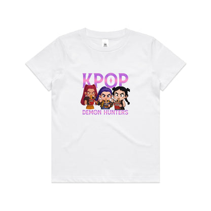 A graphic print featuring three chibi-style cartoon girls eating noodles, with the word 'K-POP' above them and 'DEMON HUNTERS' below