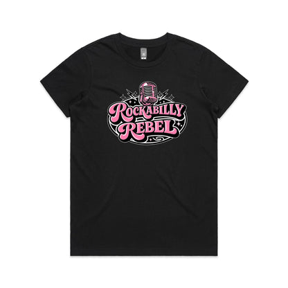 A graphic design featuring a retro pink microphone above the stylized text 'ROCKABILLY REBEL' in pink and black, shown on a plain white background.