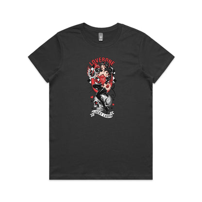 A dark charcoal gray t-shirt featuring a large graphic print of a pin-up style woman labeled 'LOVEBONE' and 'LUCKY LADY', seated on a skull with red, black, white, and gray details.