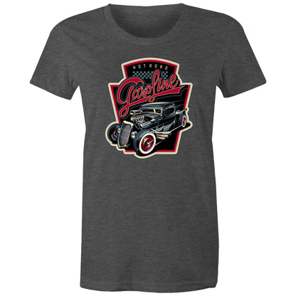 women's t-shirt with a graphic print of a vintage car and the text 'Hot Road Gasoline' on the front.