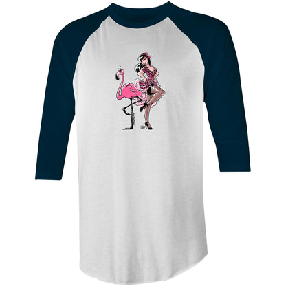 A white raglan baseball t-shirt featuring a retro-style graphic of a pin-up girl sitting on a pink flamingo. The shirt has black raglan sleeves and a black collar, with the graphic printed on the front.