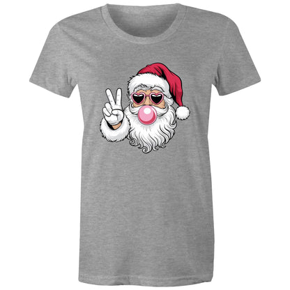 A red women's maple tee with a graphic of Santa Claus making a peace sign.