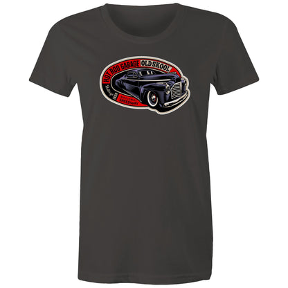 A close-up of a t-shirt featuring a vintage-style graphic print of a black classic car with red, white, and black text reading 'HOT ROD GARAGE OLD SKool' and 'Vintage Iron National Speedway'.