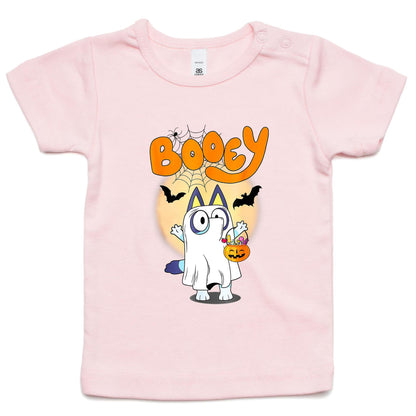 A white t-shirt featuring a colorful cartoon graphic of a ghost character dressed as Bluey, holding a jack-o'-lantern bucket of candy, with the word 'Booey' in orange above.