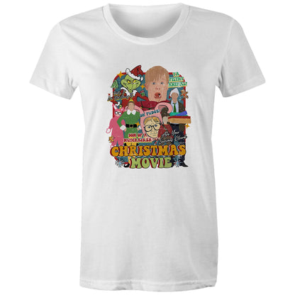 A blue graphic t-shirt featuring a colorful collage of characters and text from the movie 'The Grinch' parody titled 'Christmas Movie'.