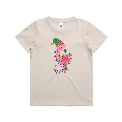 A pink cartoon flamingo wearing a green and red plaid Santa hat, wrapped in colorful Christmas lights, printed on a white fabric background.